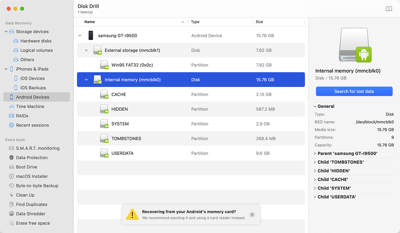 scan internal memory android disk drill