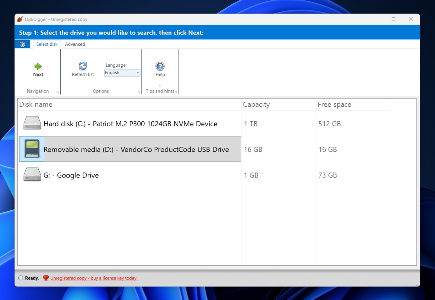select drive for scan in diskdigger