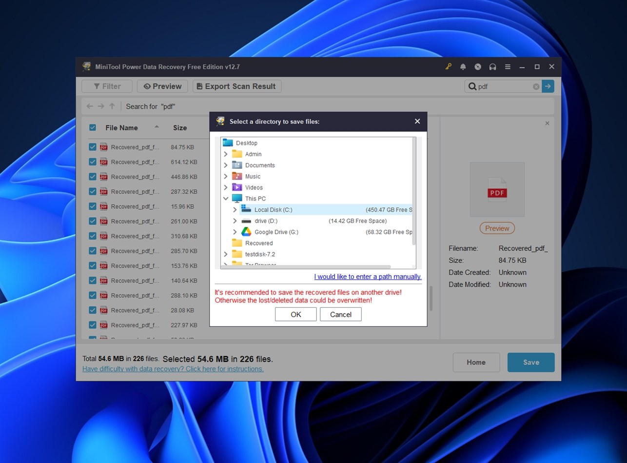 choose recovery folder for files