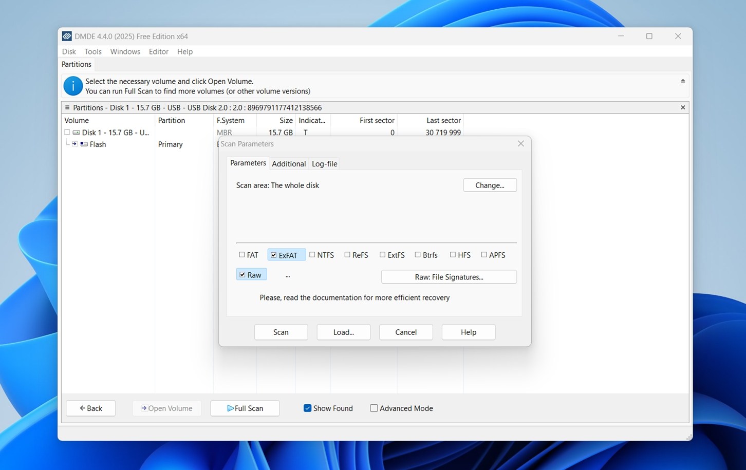 configure scan in dmde
