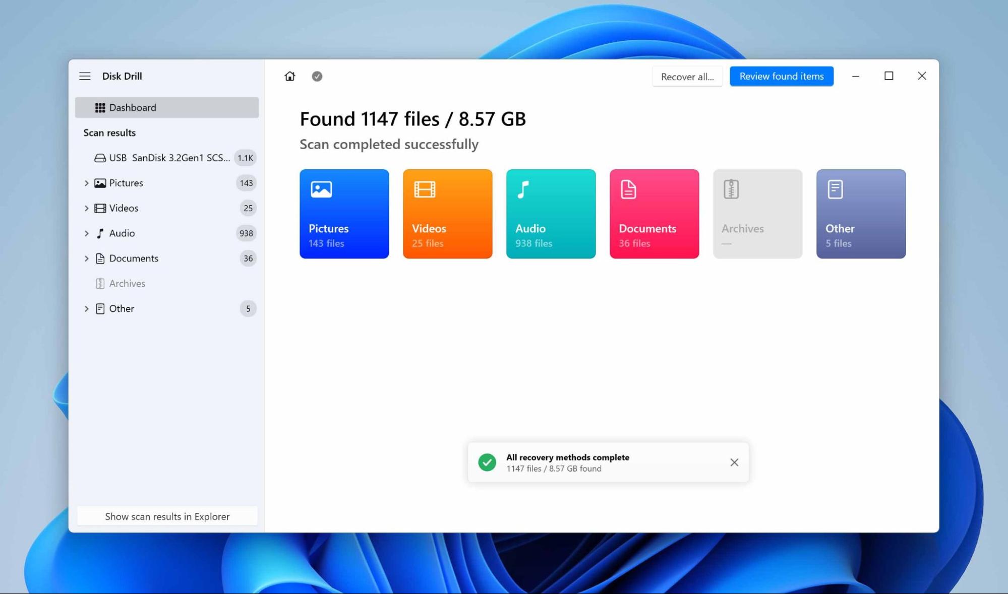 disk drill successful scan screen with results