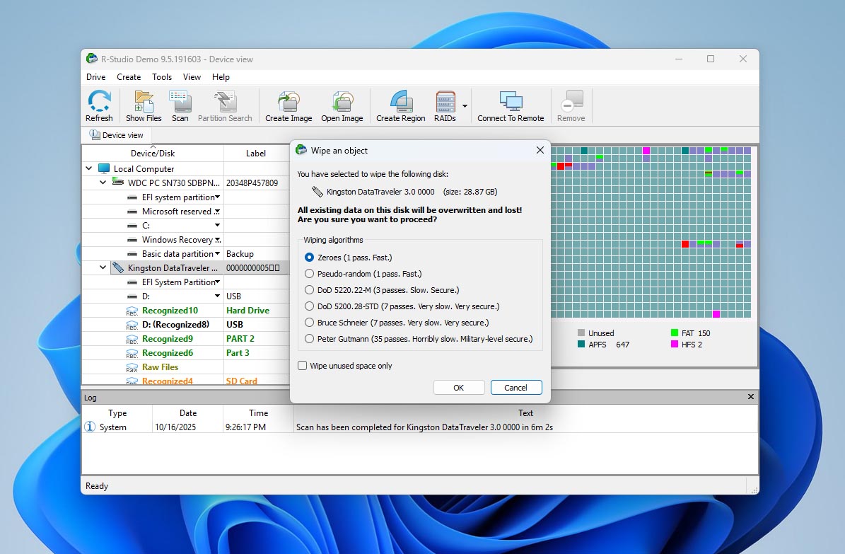 disk wipe function in r-studio