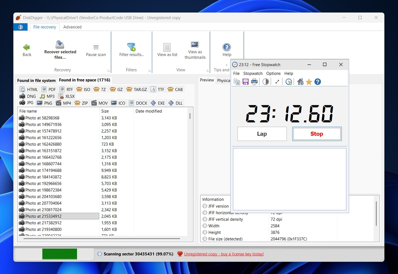 diskdigger scan time