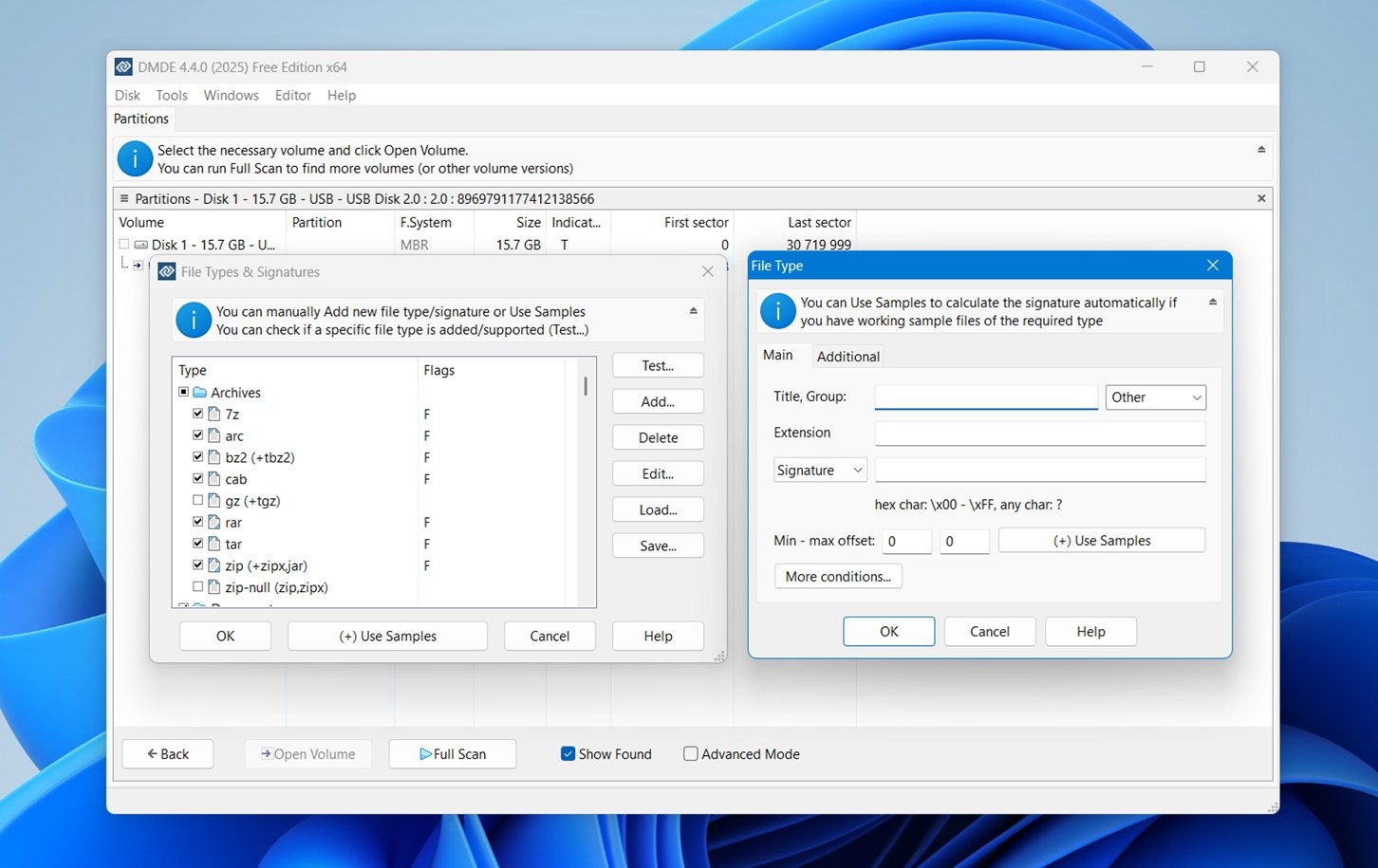 file signatures window in dmde