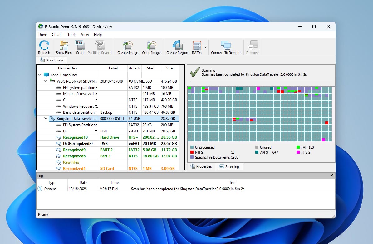 finished scan in r-studio