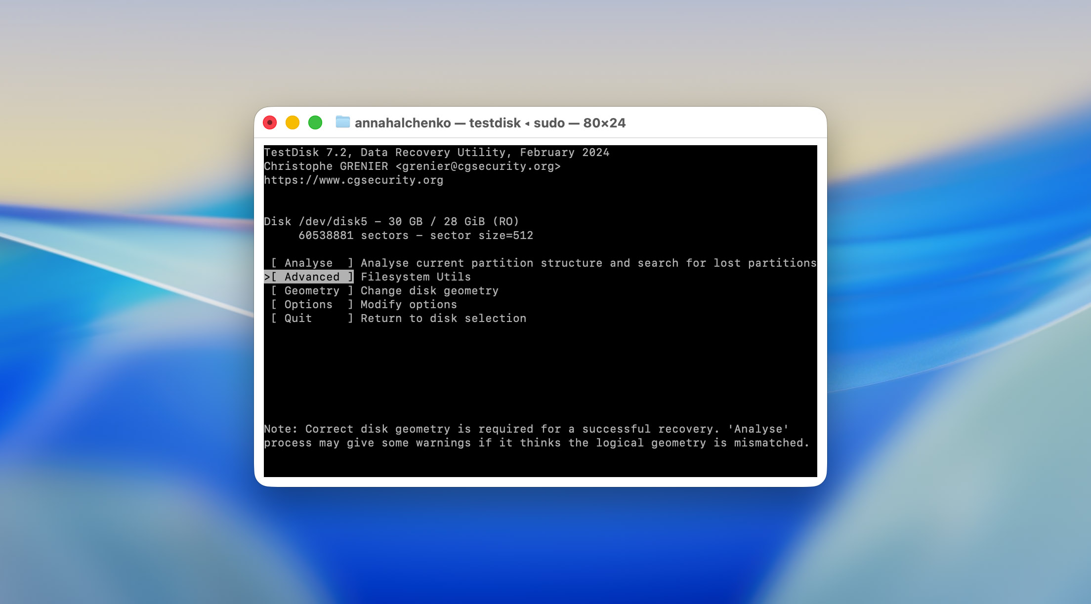 open advanced utilities in testdisk