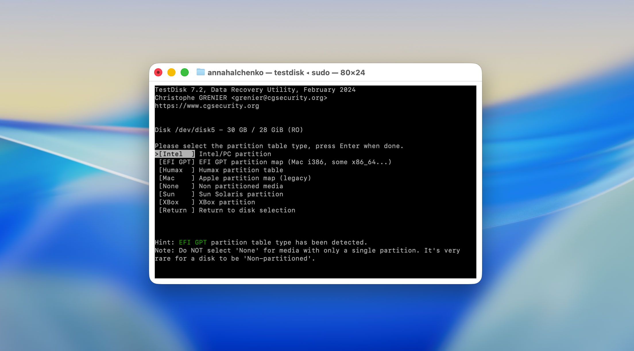 choose partition table type