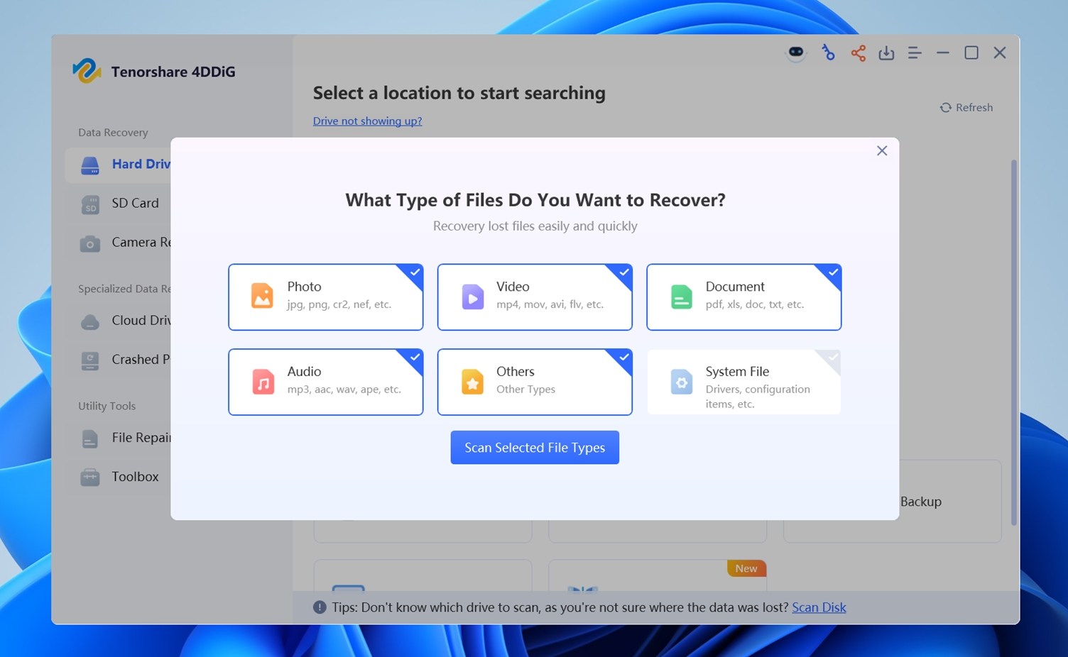 choose file types for recovery