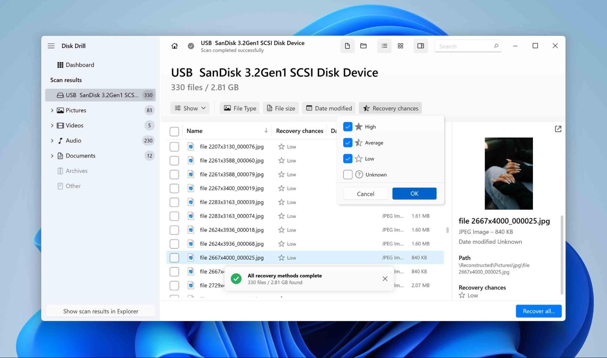 estimate recovery chances for files