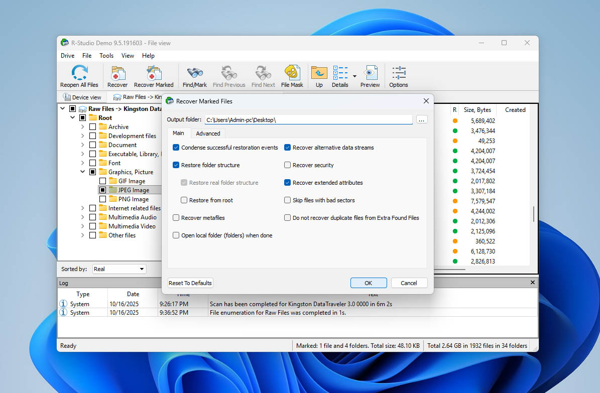 select recovery folder for files
