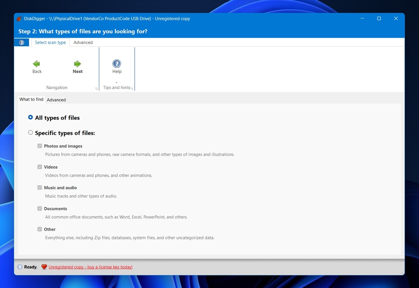 select file types for scan