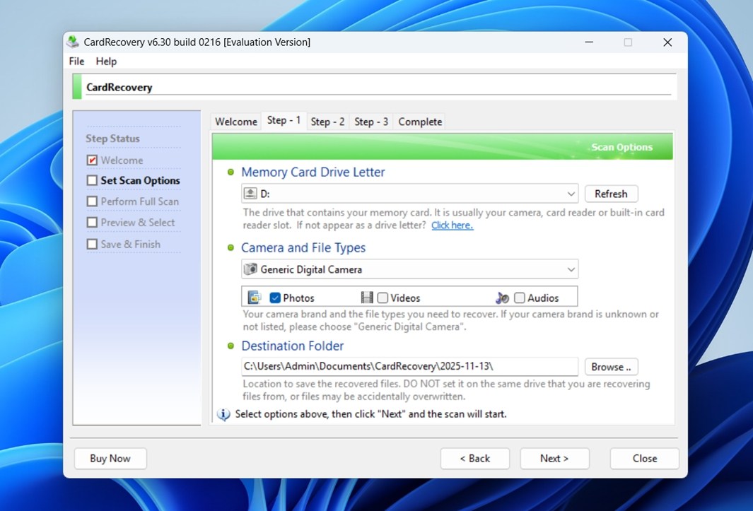 cardrecovery user interface
