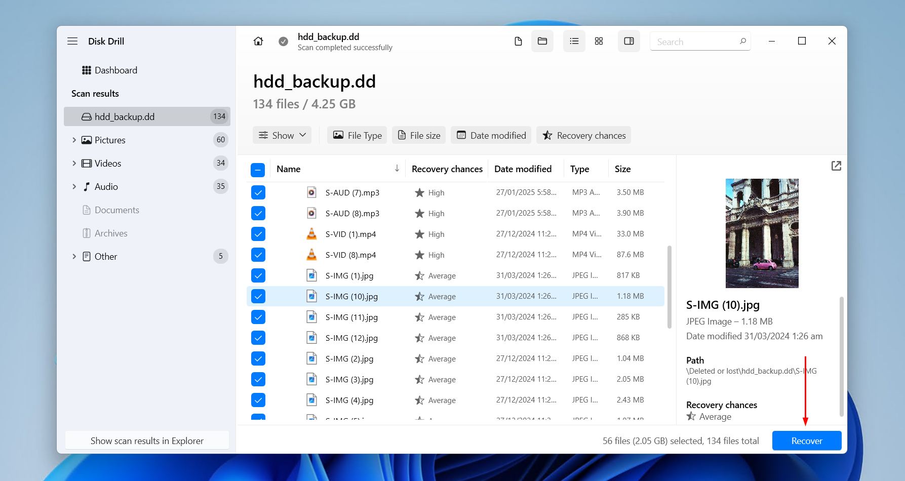 Recovering the selected data.