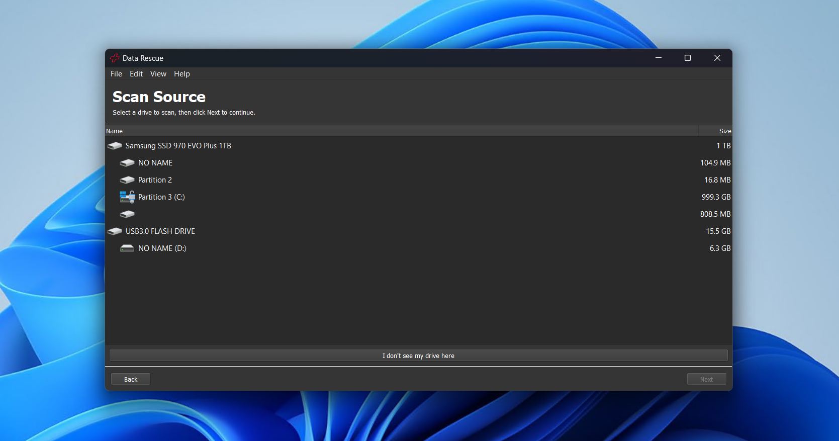 Data Rescue drive select.
