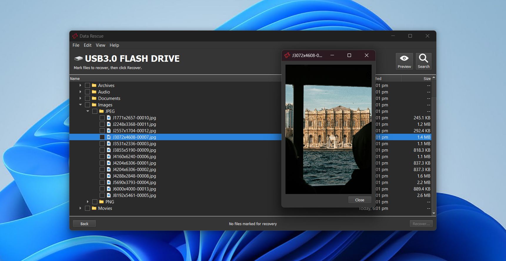Data Rescue file select.