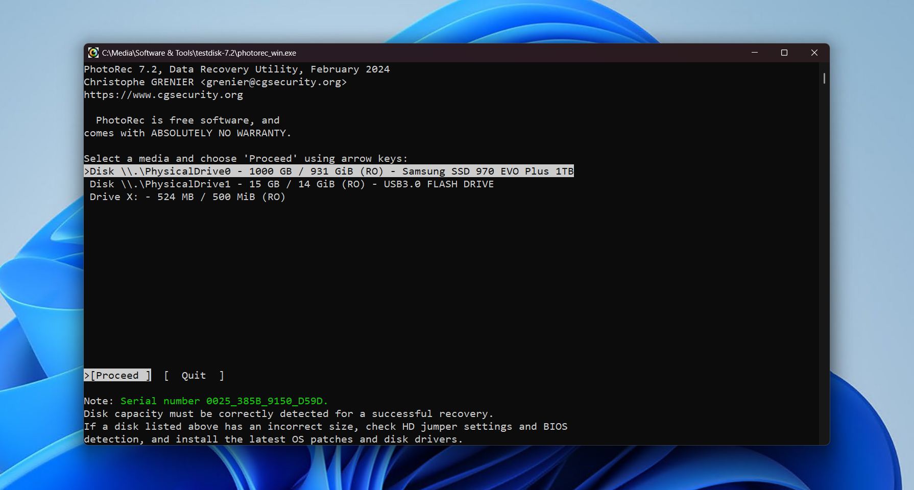 PhotoRec drive select.
