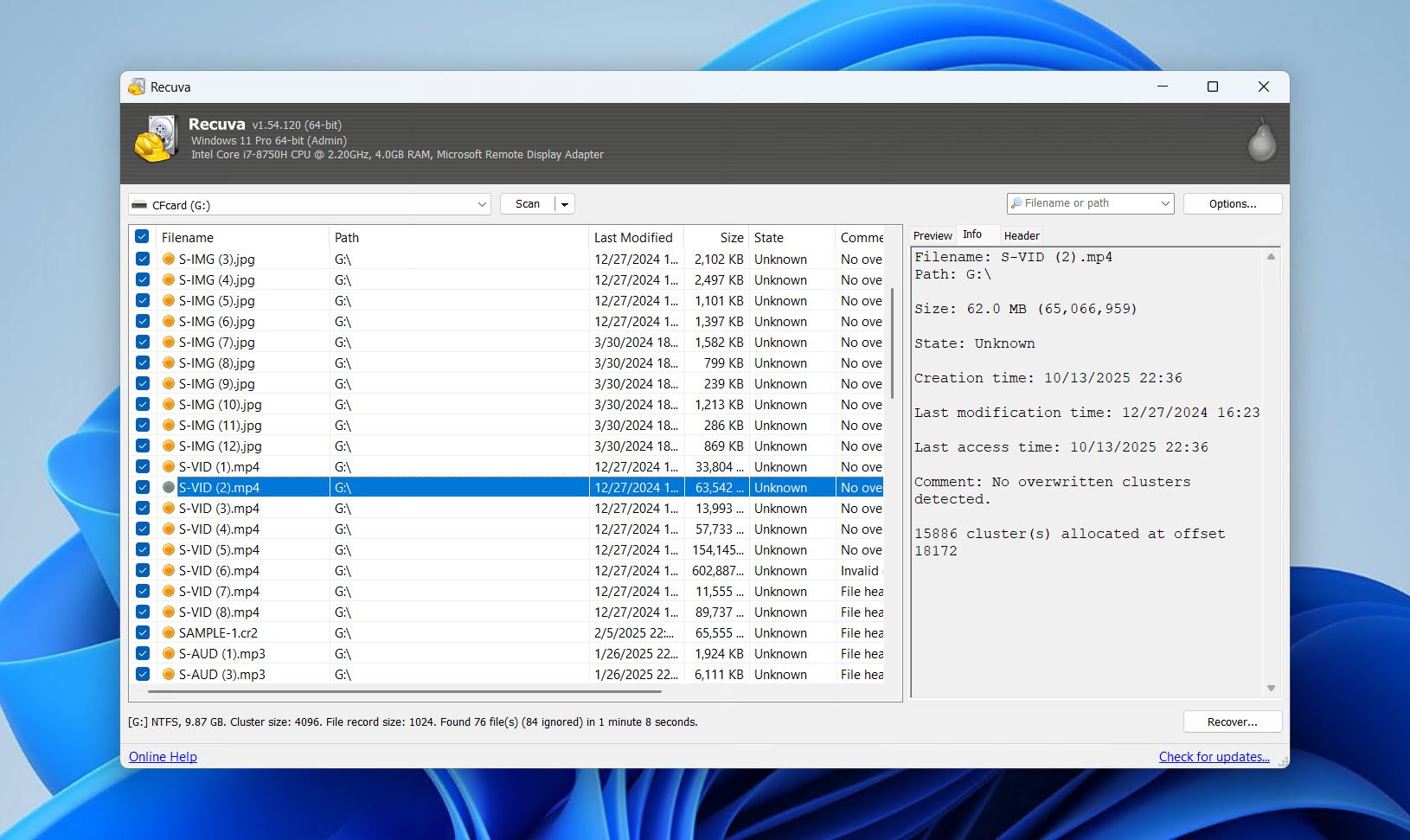 Recuva video recovery.