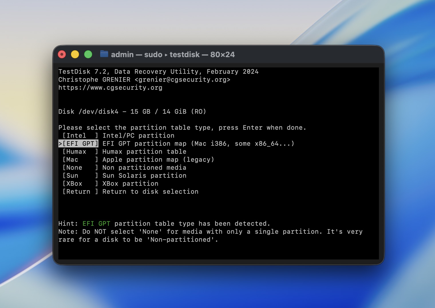 Choose the partition table type