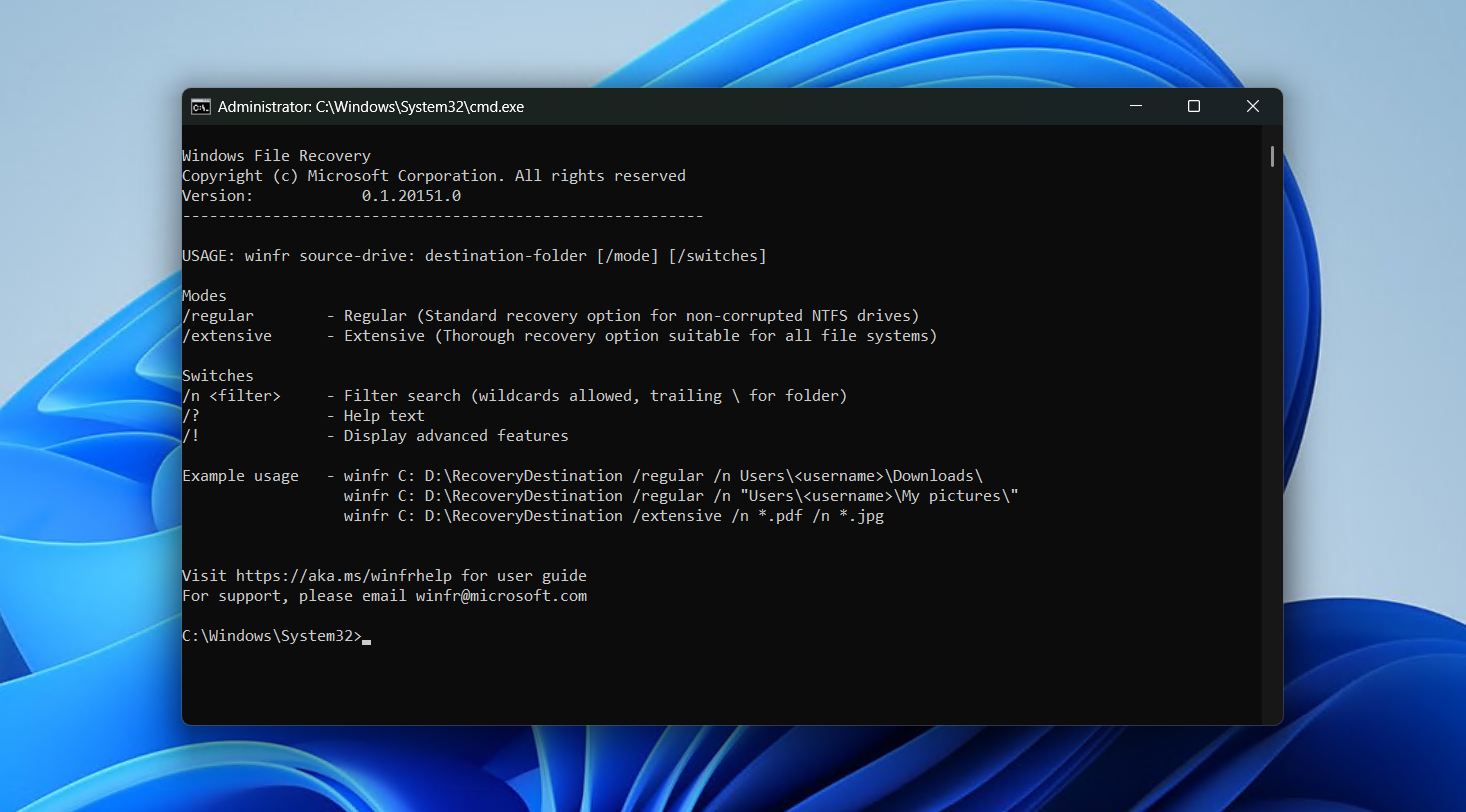 Windows File Recovery for free recovery.