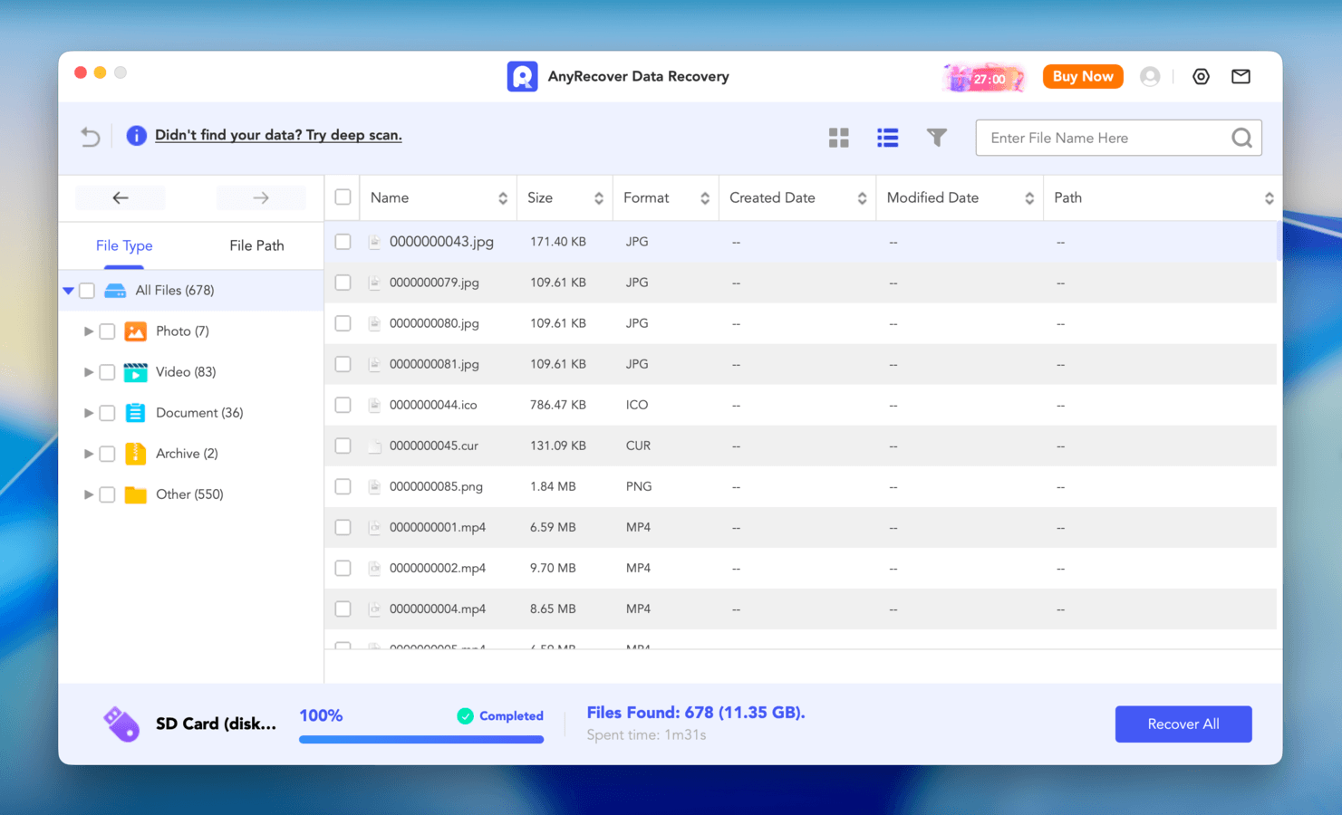 AnyRecover file browser and SD card files