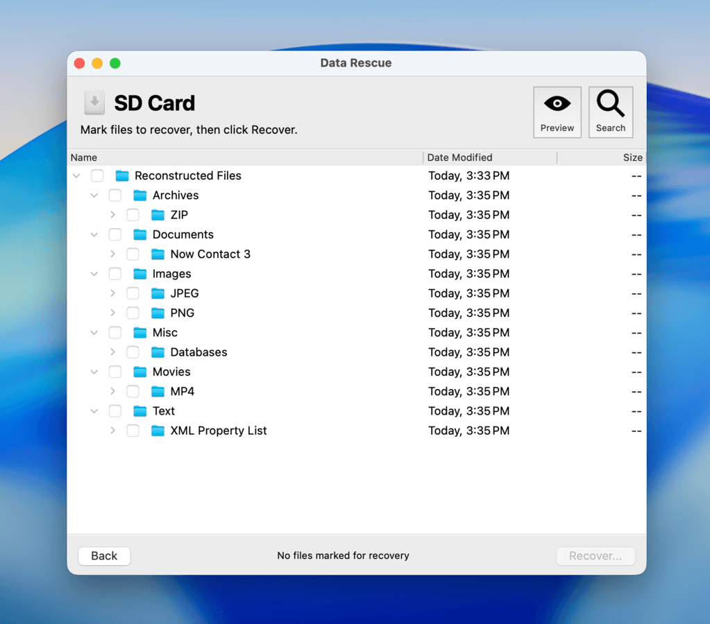 Data Rescue 6 file browser and SD card files