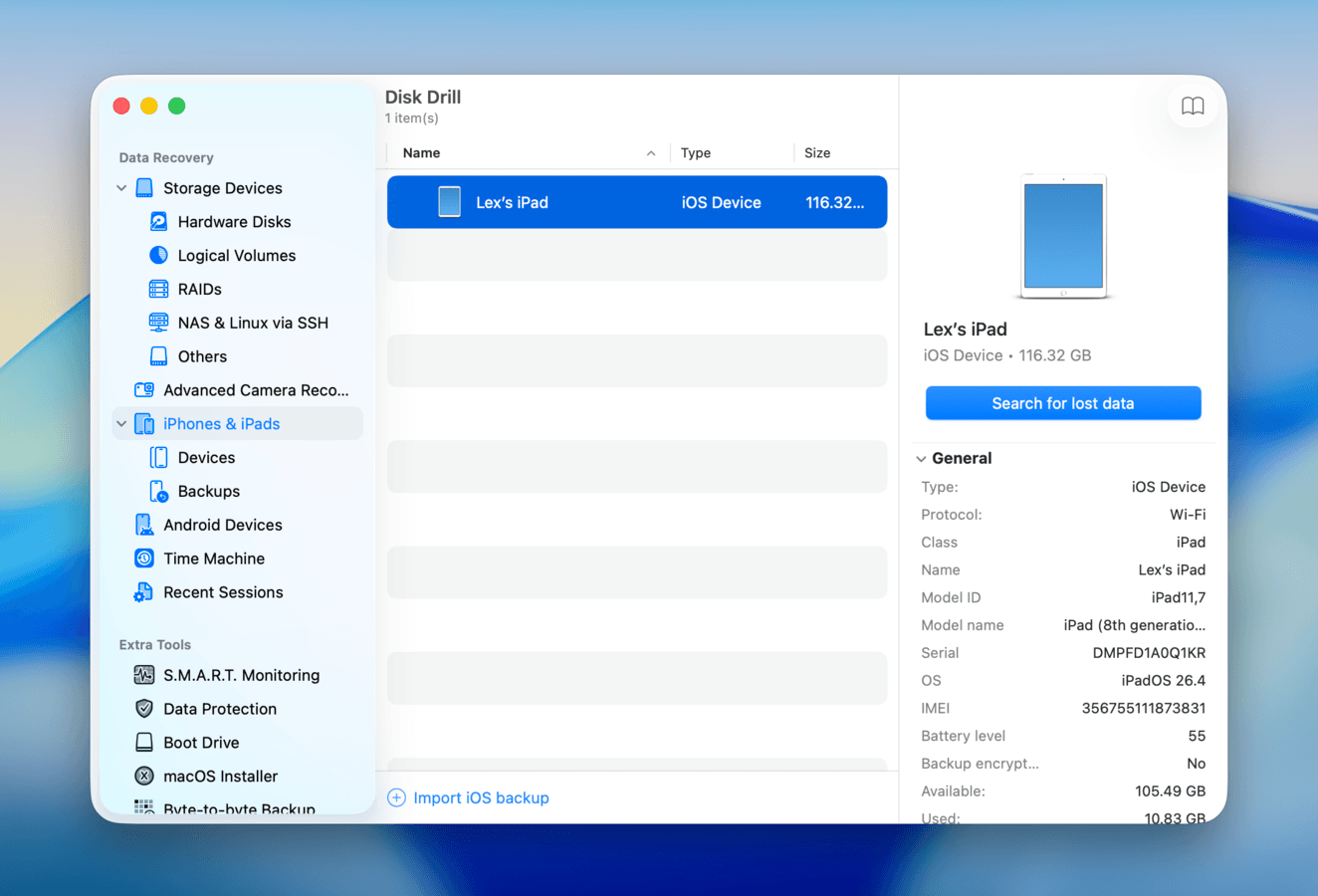 Disk Drill iPad data recovery interface