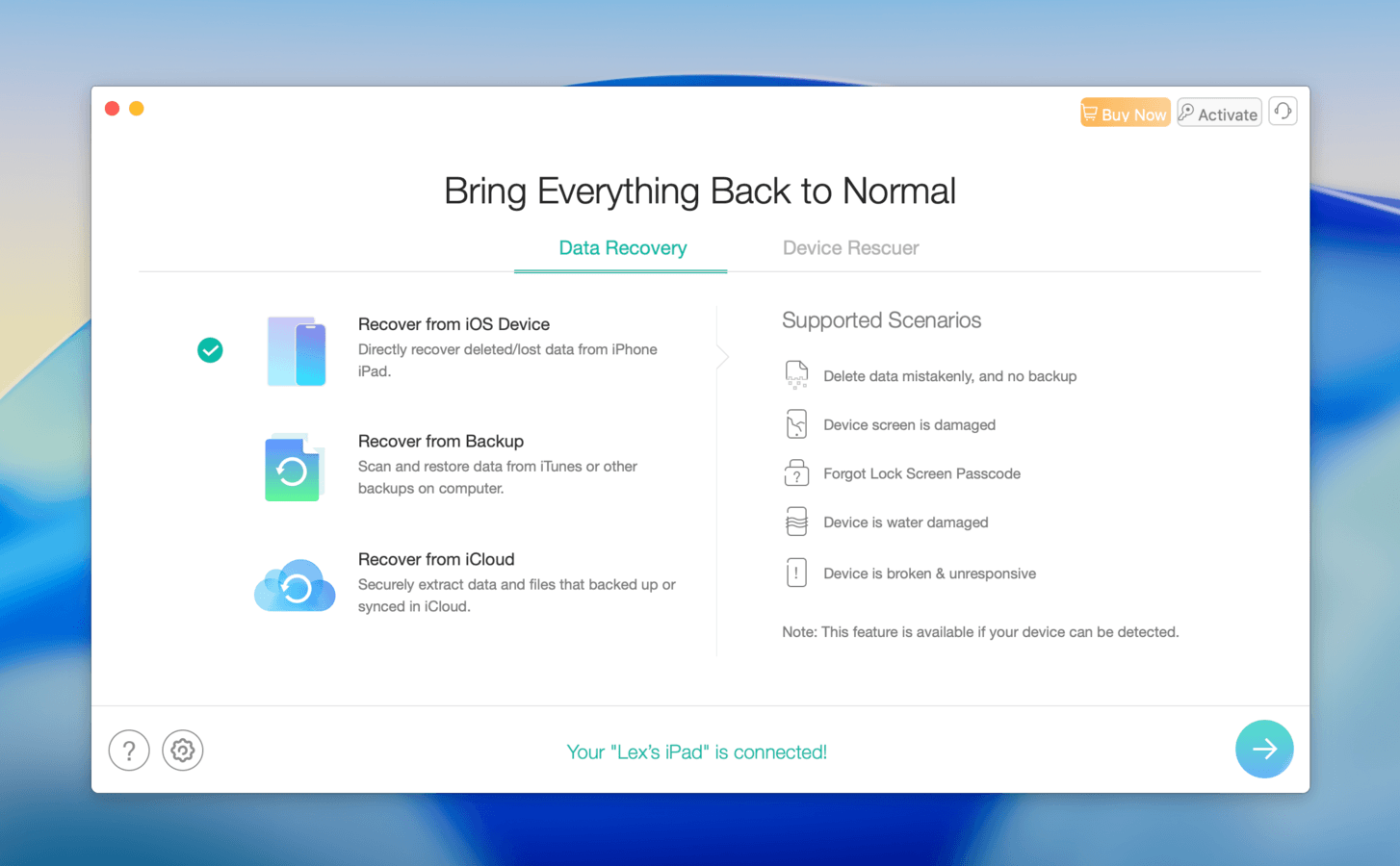 PhoneRescue iPad recovery app interface