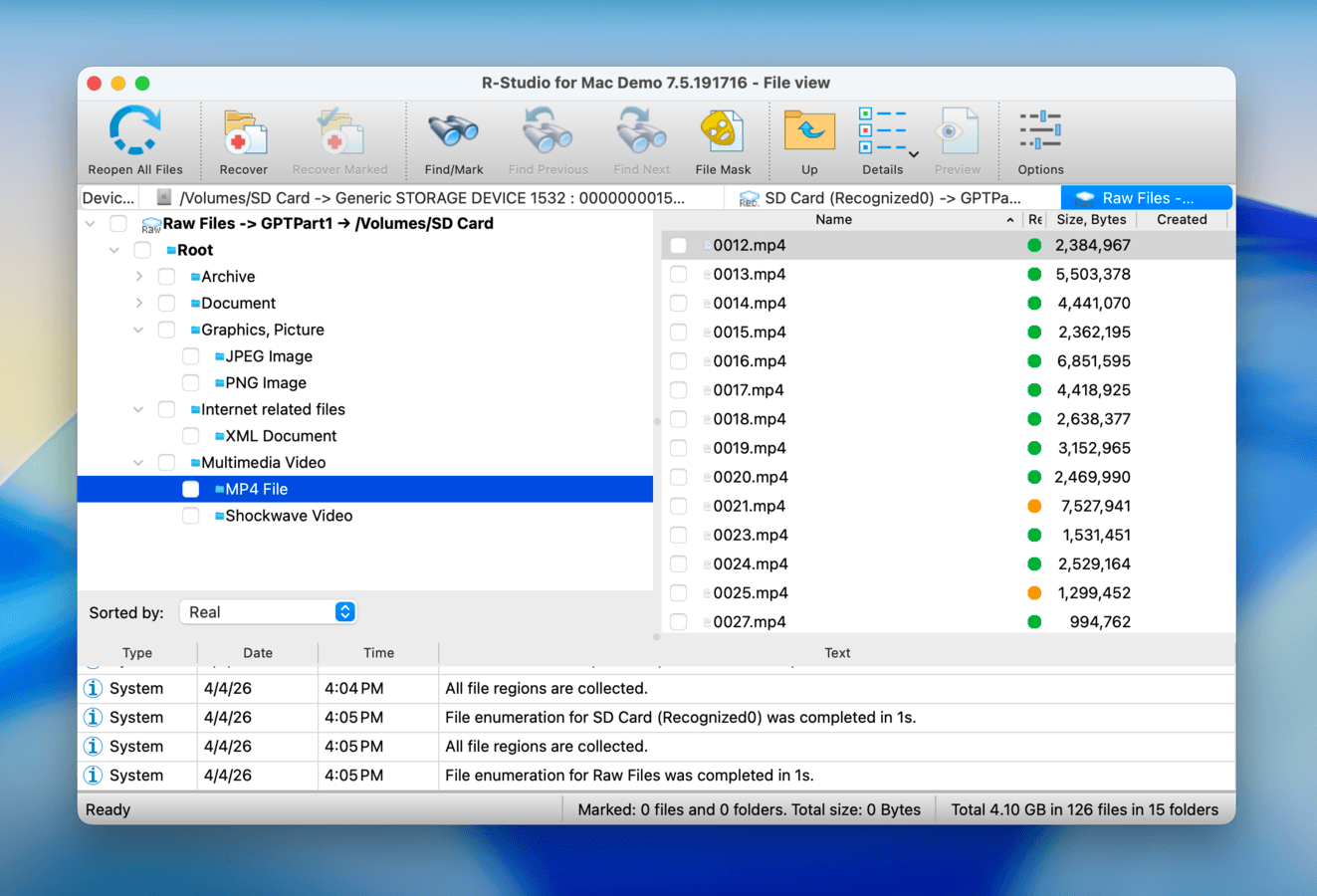 R-Studio data recovery file browser and SD card files