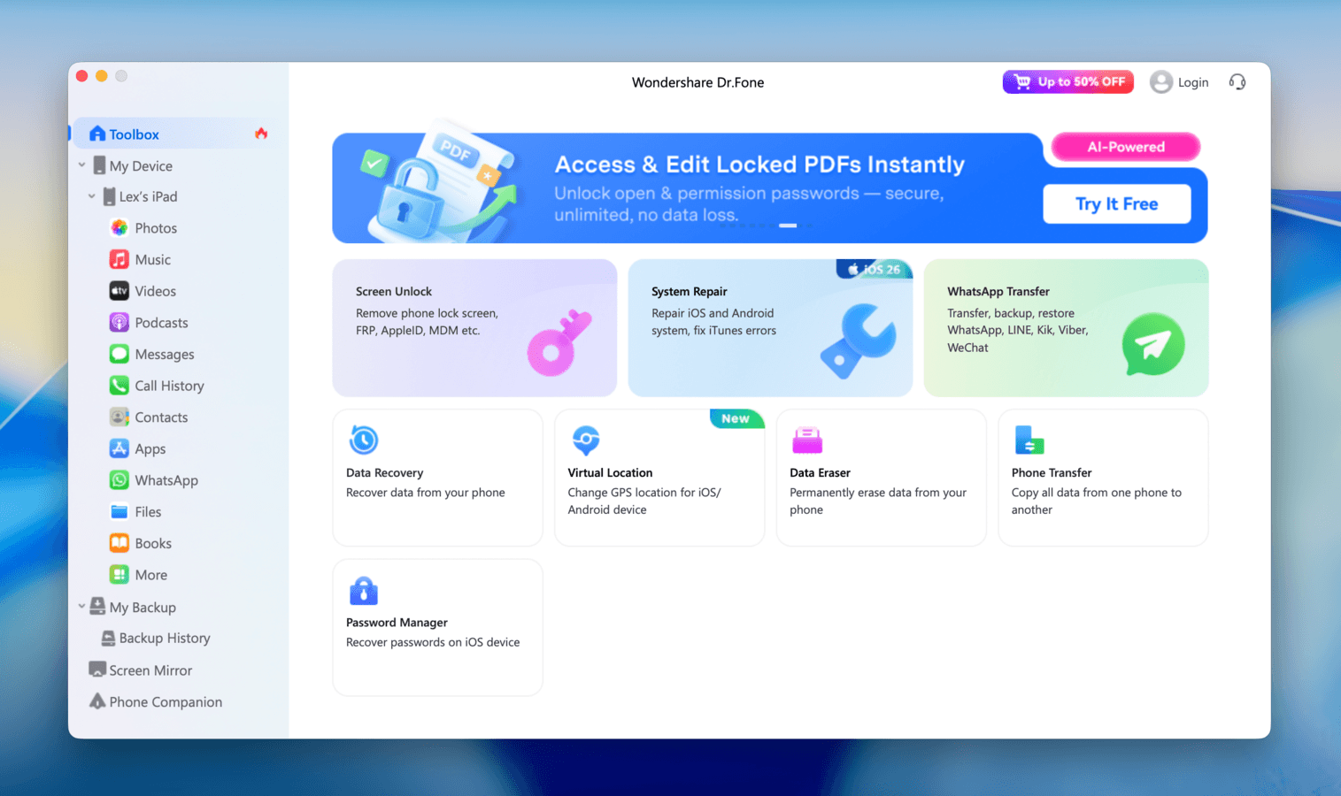 Wondershare DrFone iPad recovery app interface