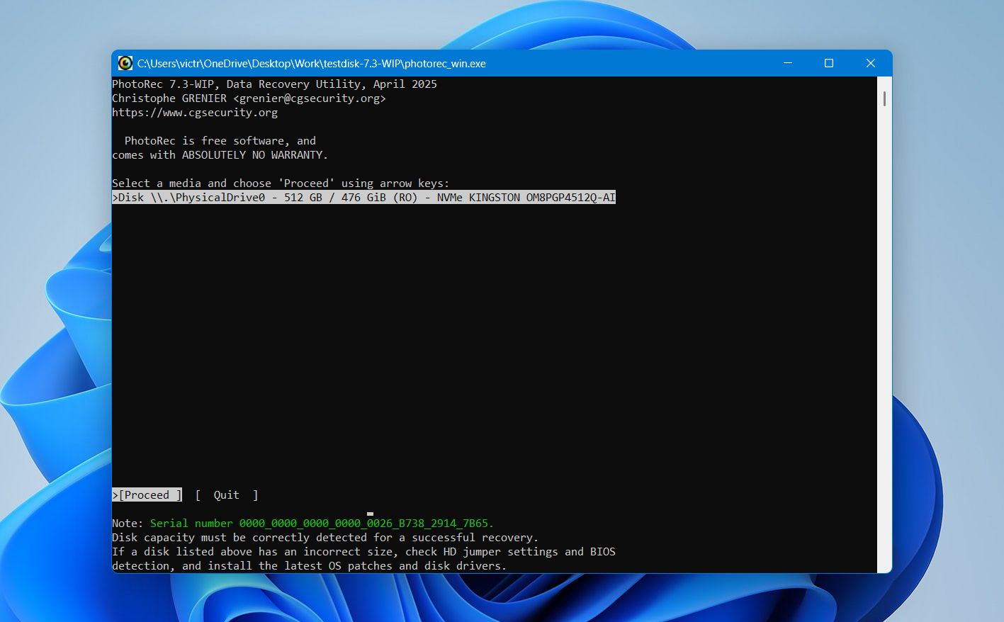 PhotoRec interface